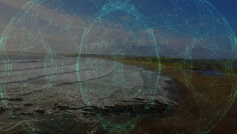 Coastal landscape with digital network connections animation over ocean waves