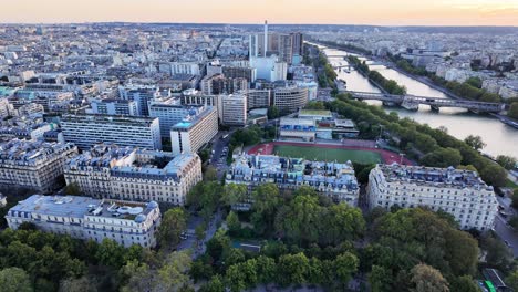 aerial view of paris skyline at sunset