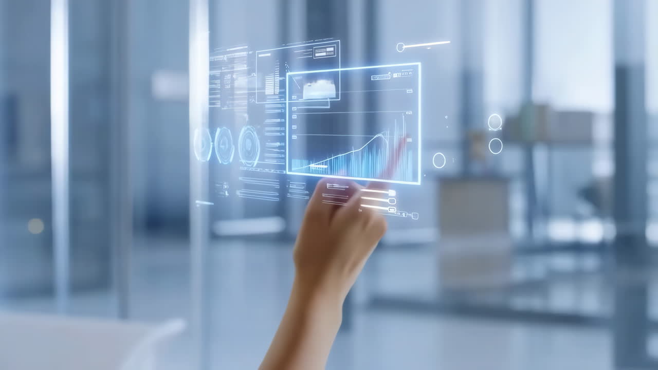 Hand Interacting with Futuristic Holographic Data Display