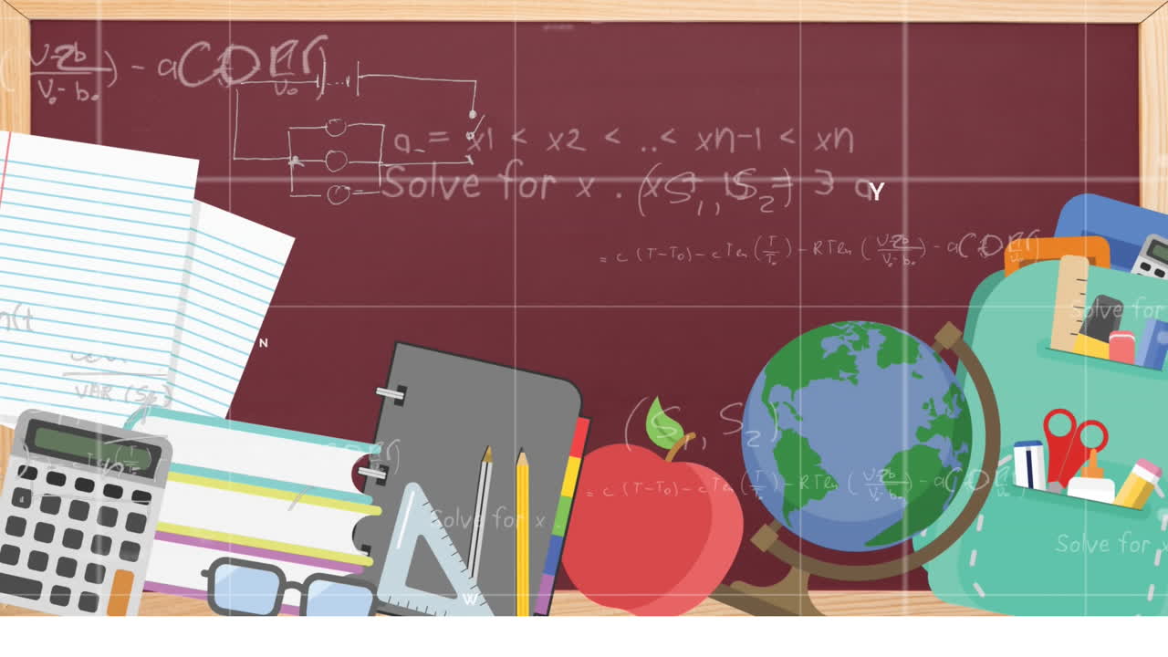 Animation of mathematical equations and school icons with blackboard