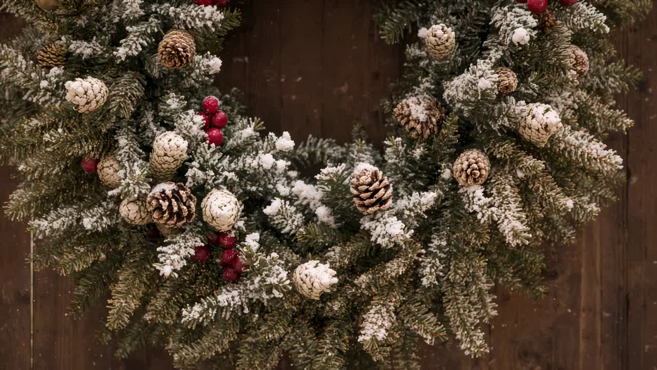 Panning camera revealing lower wreath center on dark wooden plank, highlighting frosted pinecones