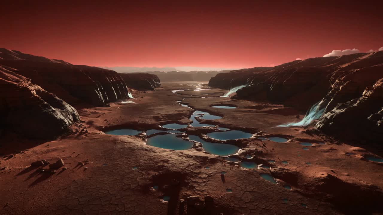 Panning camera revealing chain of turquoise pools on cracked red plain, mist rising as light cools