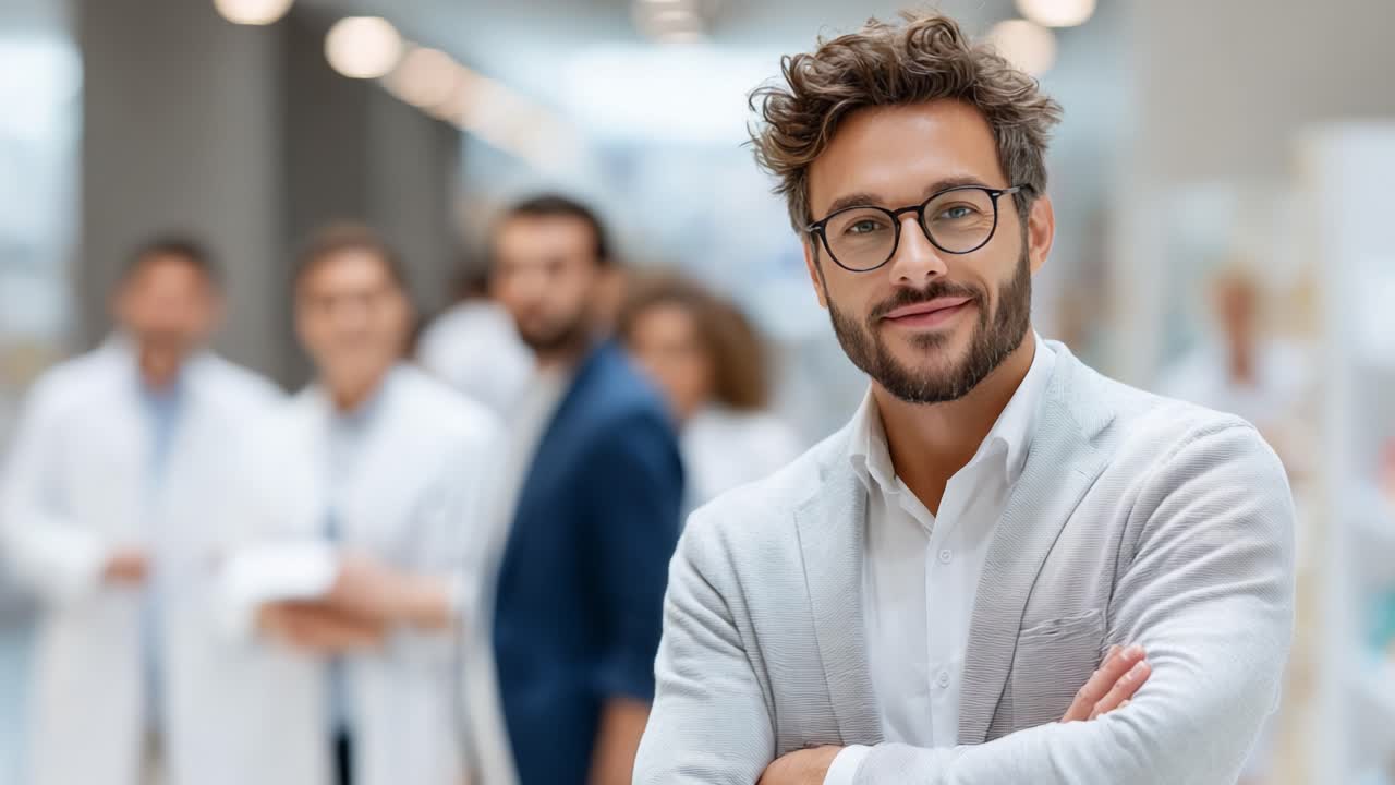 Homem profissional em um ambiente médico moderno exala confiança entre colegas, demonstrando harmonia em equipe e expertise no setor de saúde