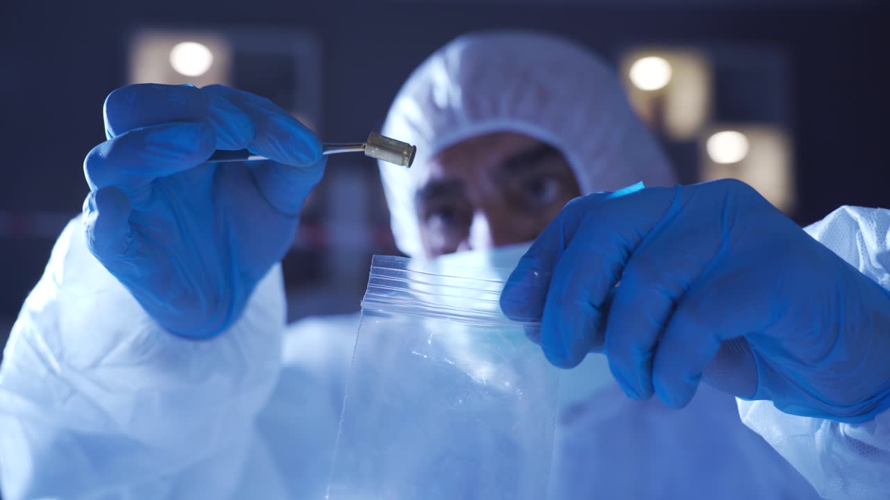 The forensic specialist does the criminal work at the crime scene.