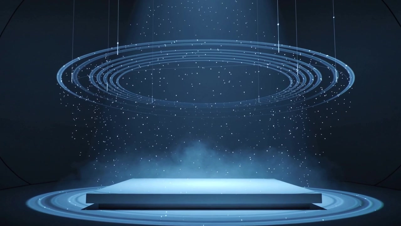 Spotlight rising, lit pedestal and holo rings forming, falling particles and mist in demo chamber