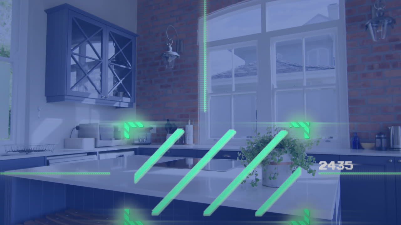 Green digital lines and numbers animation over modern kitchen interior