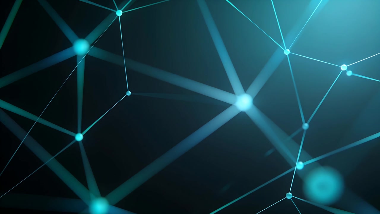 Approaching camera causing network pulsing, rotating in dark space with teal nodes and lines