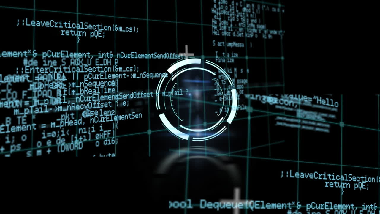 Animation of rotating safe lock over data processing on black background