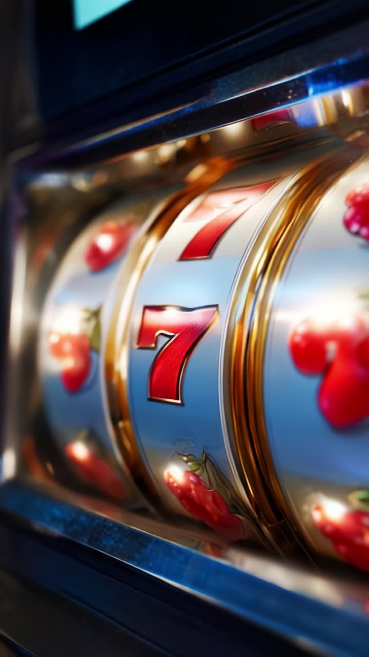 Primo piano di una slot machine che mostra i tanto amati sette rossi e scintillanti simboli di frutta, catturando l'eccitazione e l'attesa di una grande vincita
