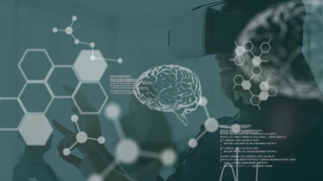 Animation of chemical compounds and brains over woman wearing vr headset