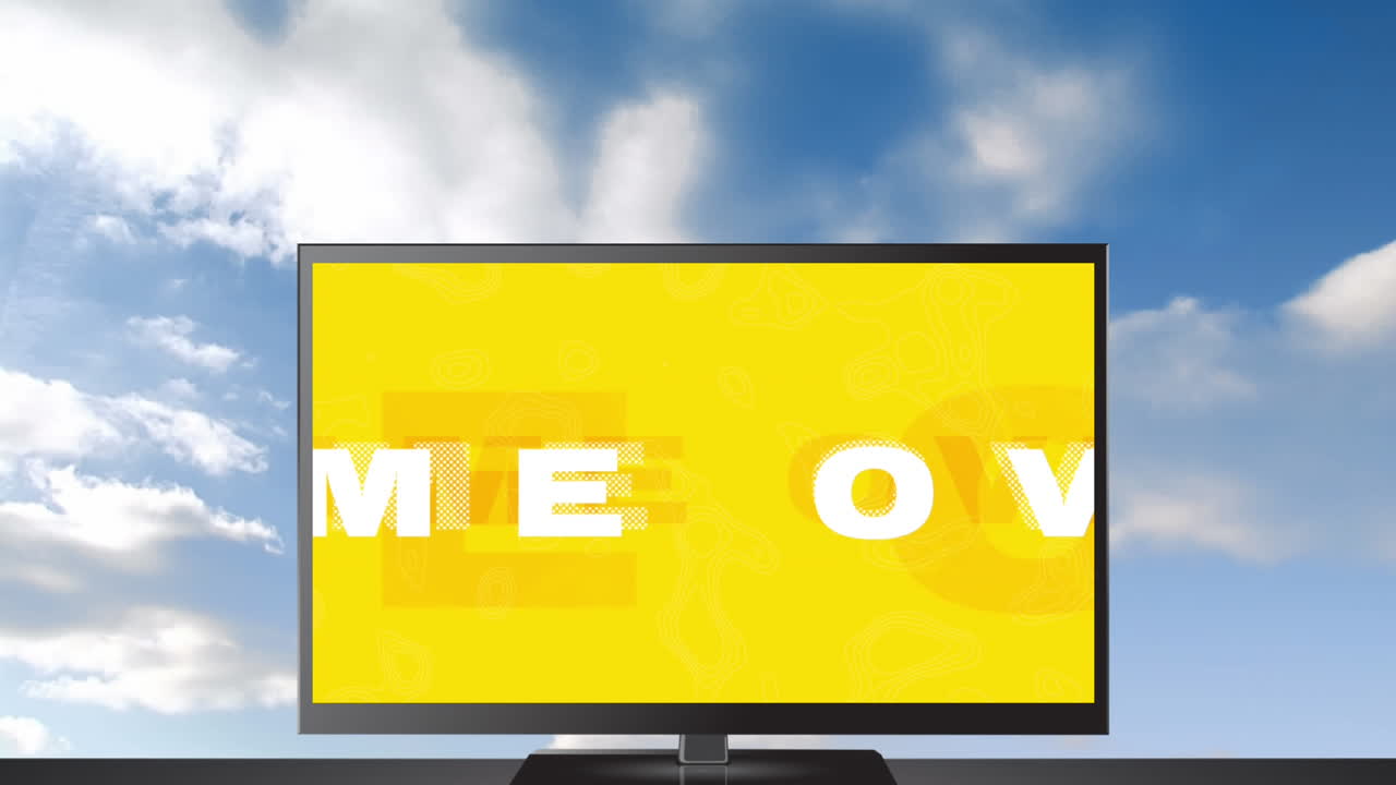 바뀌는 배경과 푸른 하늘에 있는 구름에 화면 위에  ⁇  텍스트 위에 여러 게임의 애니메이션