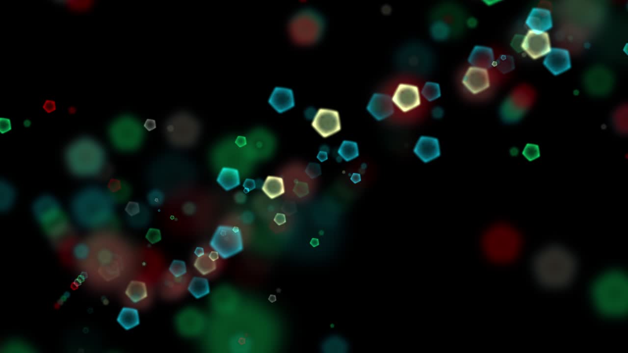 animación 3d de pentagones rojos, verdes y azules, moviéndose tranquilamente a través de la pantalla, concepto rgb, movimiento, gráficos, animación.