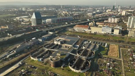 water treatment plant in the modern skyline of basel