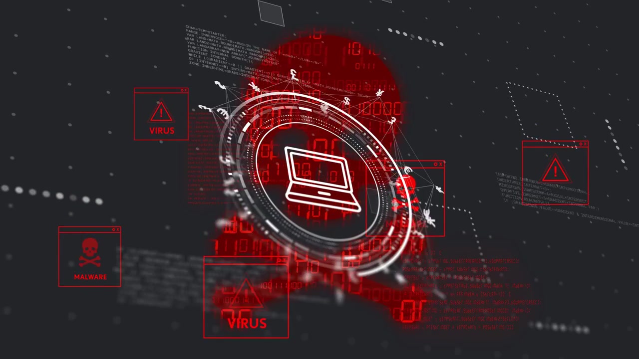 Threat detection activating HUD with laptop icon, rings rotating, pulsing, warning boxes growing