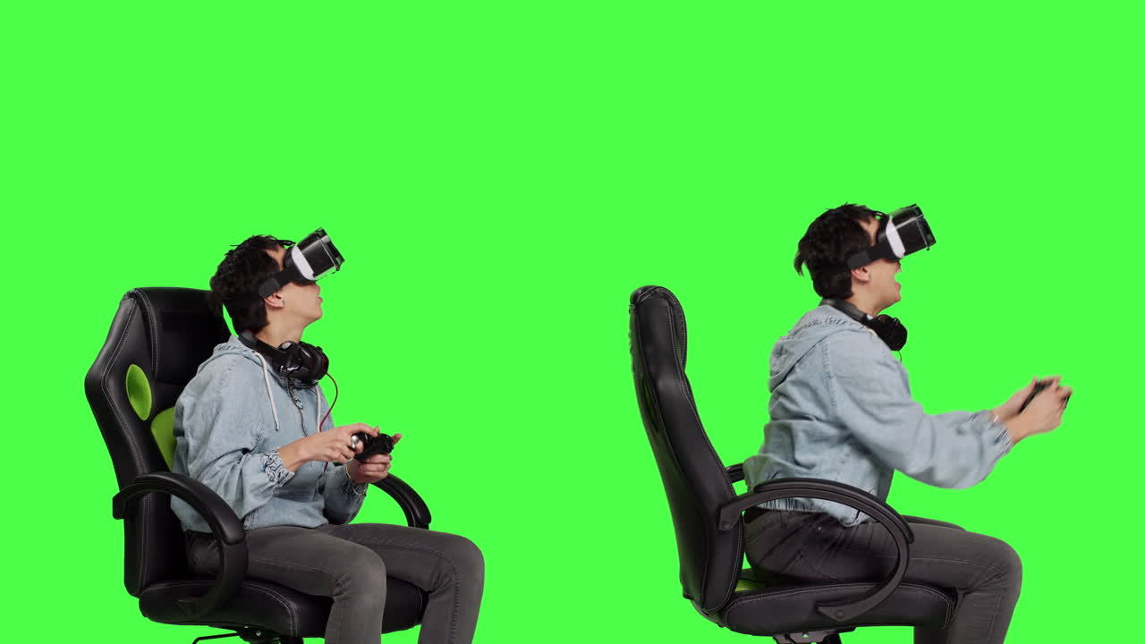 mujer celebrando su victoria en el campeonato con auriculares vr y controlador