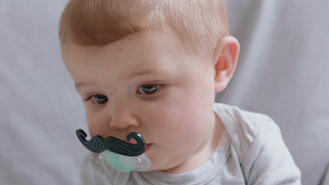 인형 을 빨고 있는  ⁇ 수염 을 가진 귀여운 아기 의 초상화
