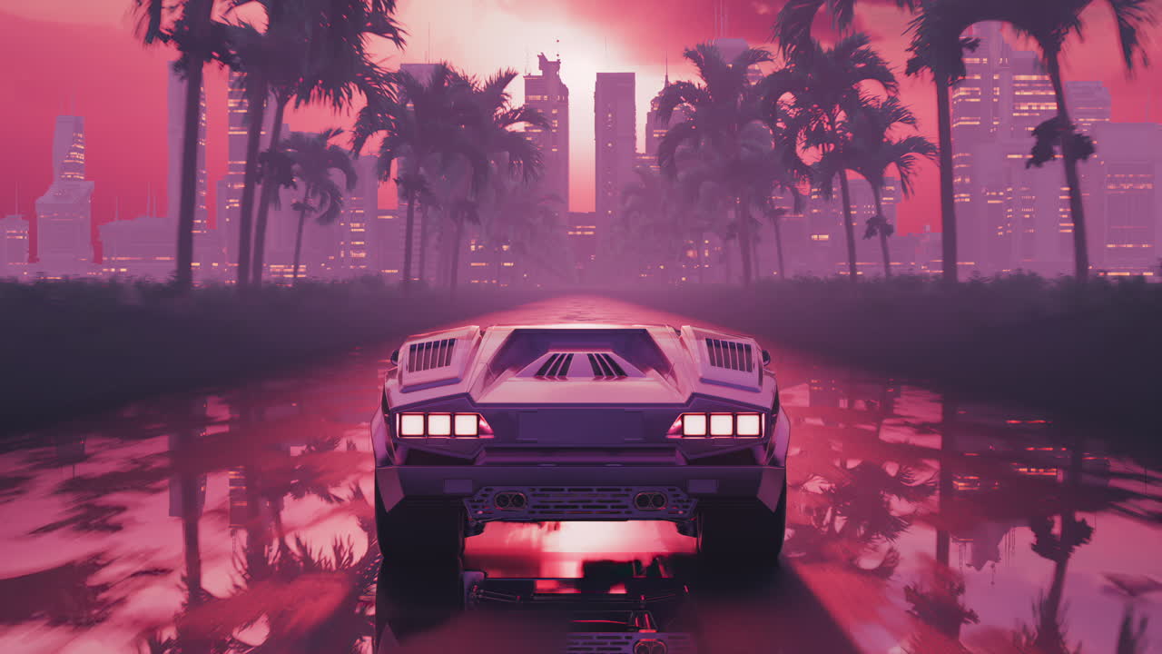 해가 지는 동안 은 아스팔트 위에서 레트로 스타일로 운전하는 루프 자동차