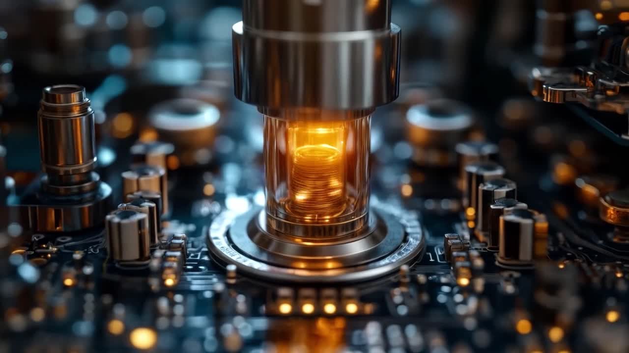 Close-up of a circuit board with a central glowing element