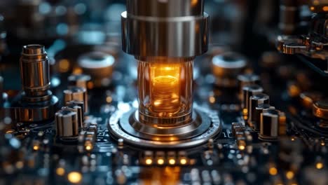 close-up of a circuit board with a central glowing element