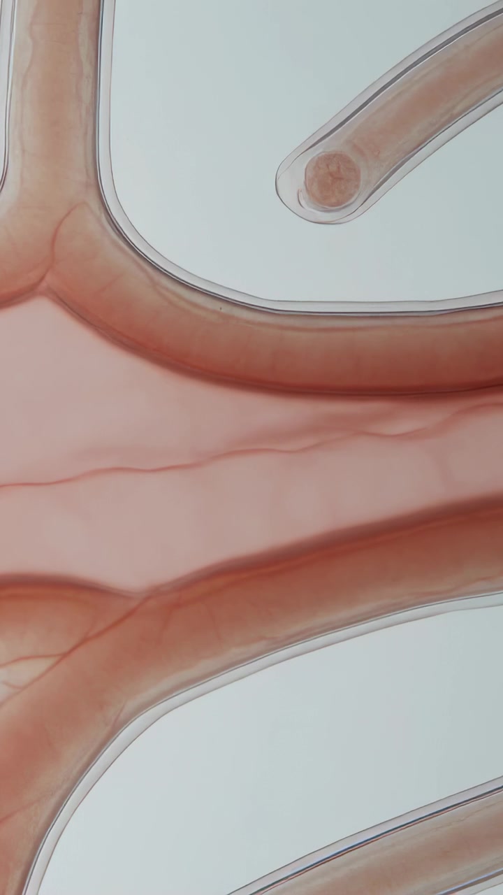 Video verticale: Mostrando tubi biforcuti trasparenti con vene che si muovono in laboratorio mentre la telecamera si sposta per lo studio, bulbo.