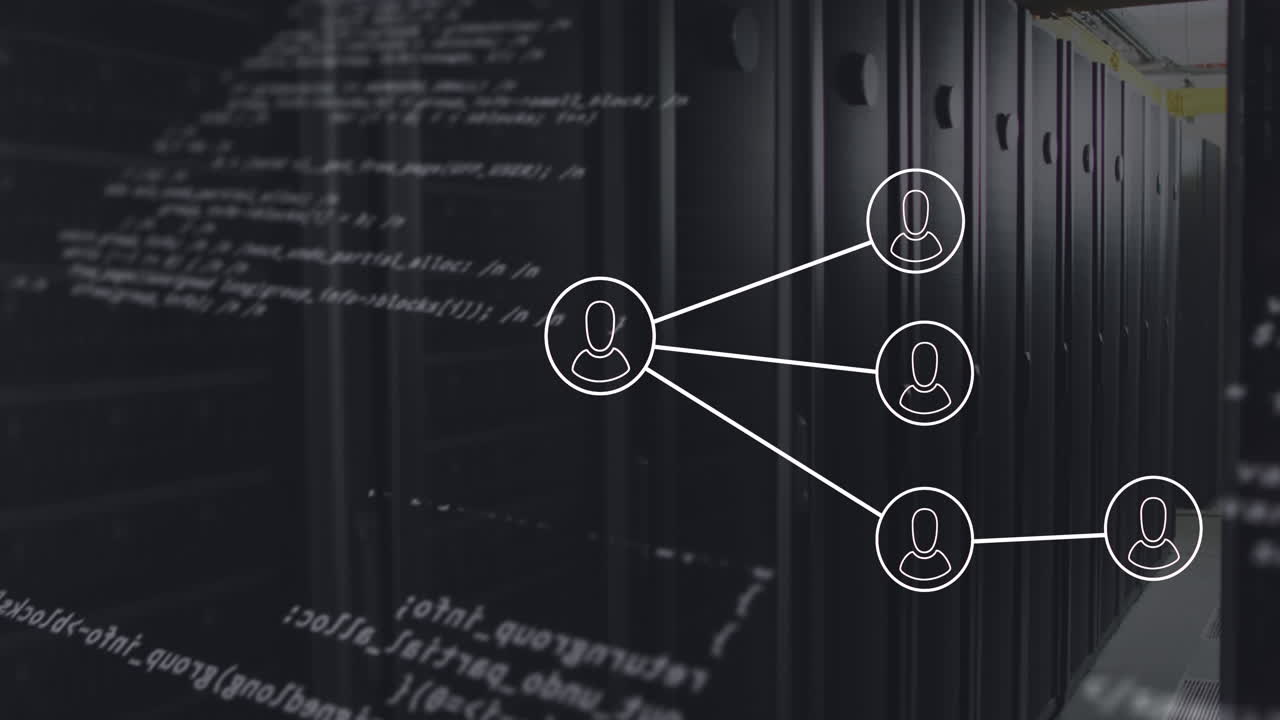 Animation of network of profile icons and data processing against computer server room