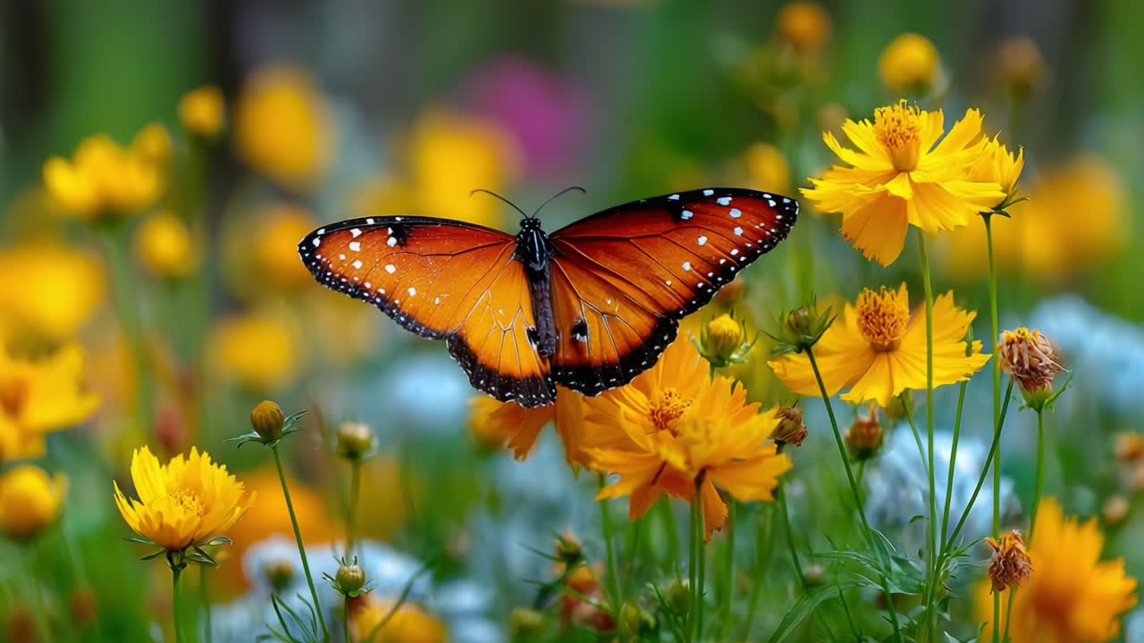 A vibrant orange butterfly gracefully flutters among a field of colorful flowers, showcasing nature's beauty and the intricate details of its delicate wings