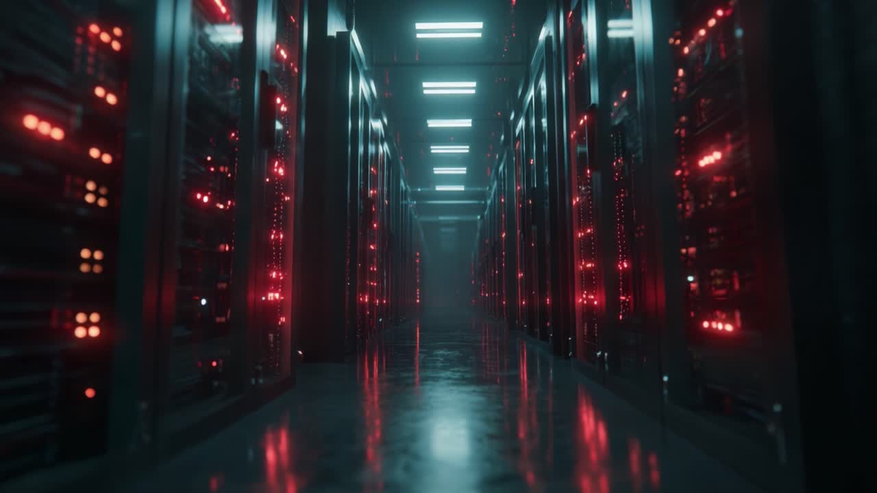 A Glimpse into a High-Tech Data Center: Red Lights Illuminating the Aisles of Sophisticated Server Racks with a Futuristic Atmosphere