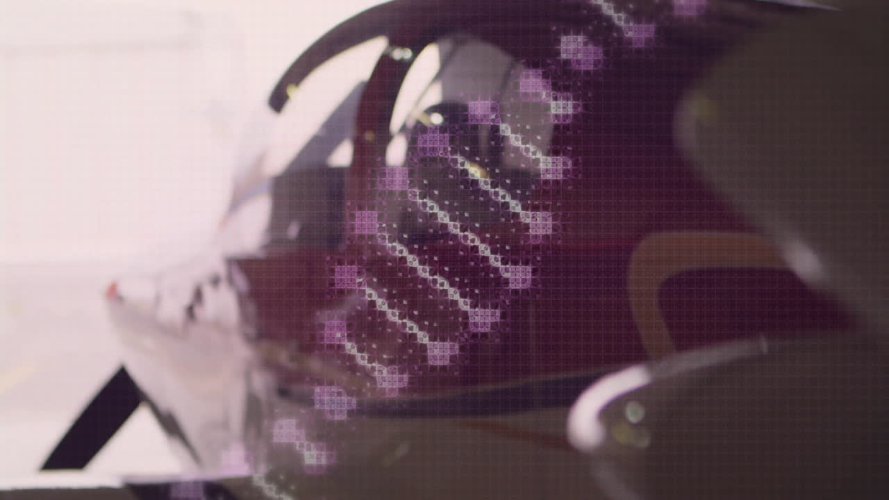 Purple digital schematic overlay being projected onto car surface, showing grid nodes in 3D render