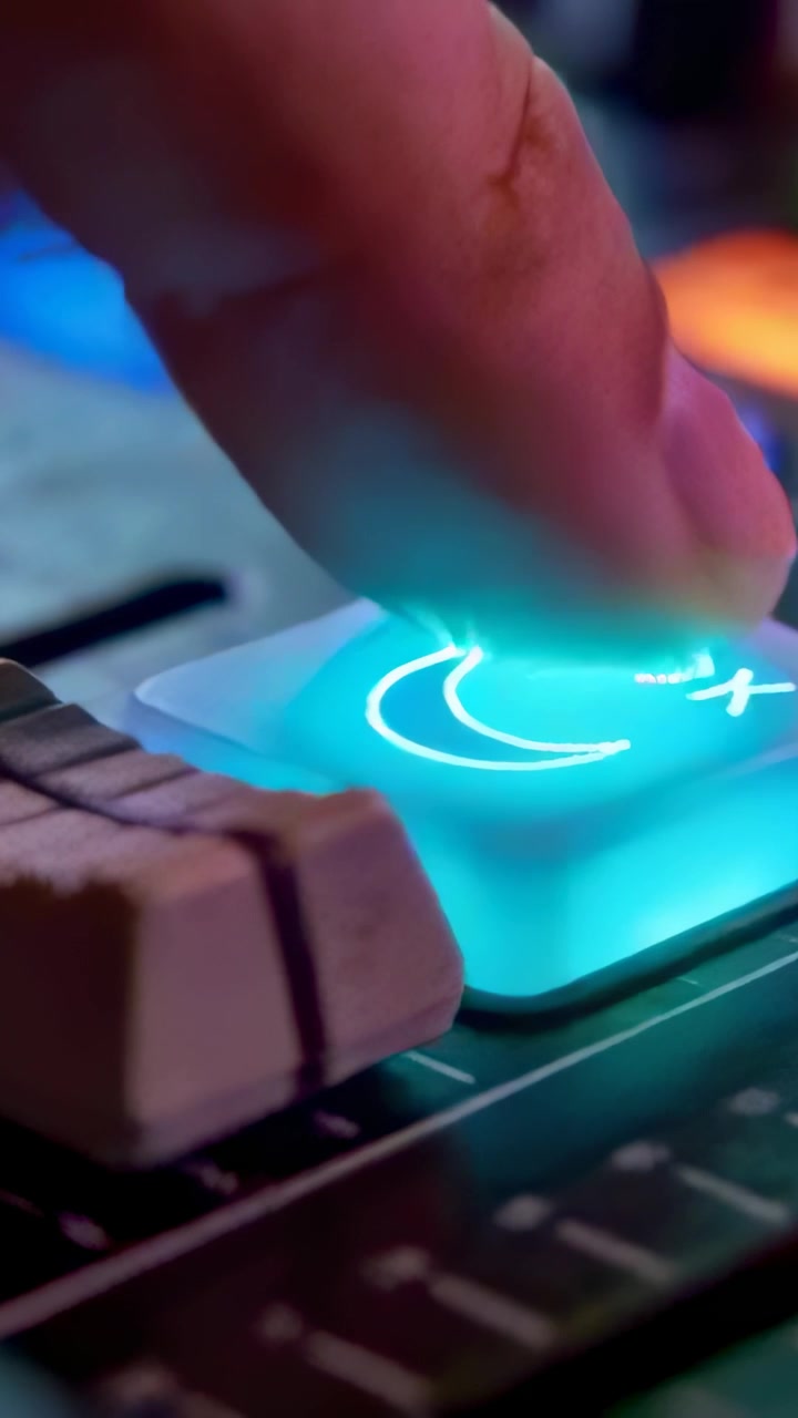 Vertical video: Pressing fingertip activating crescent button on mixer, lighting fader and pads