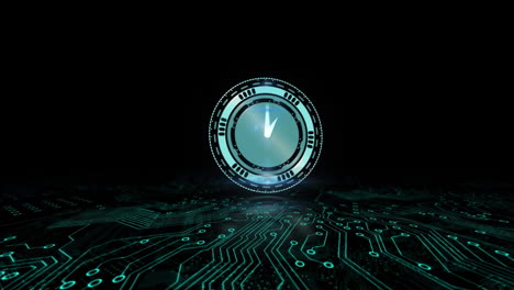 animation of clock with turning hands and circuitboard on black background