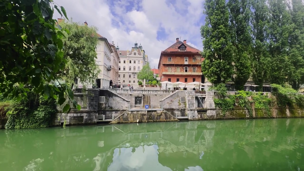 Ljubljanica-floden i Ljubljanas gamle bydel, med grønne vandrefleksioner, trapper langs floden, historiske facader, høje poppeltræer og udendørscaféer