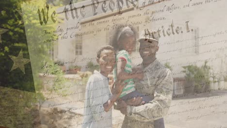 animación de la bandera de los estados unidos y texto sobre familia afroamericana