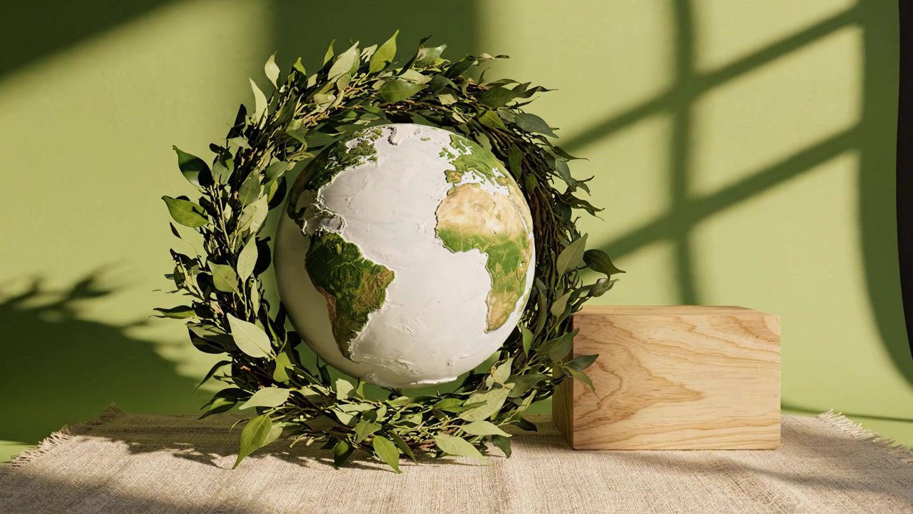 Uno splendido globo terrestre circondato da una ghirlanda di foglie su un panno dalla texture morbida, su uno sfondo verde caldo, che mostra la natura e la sostenibilità.