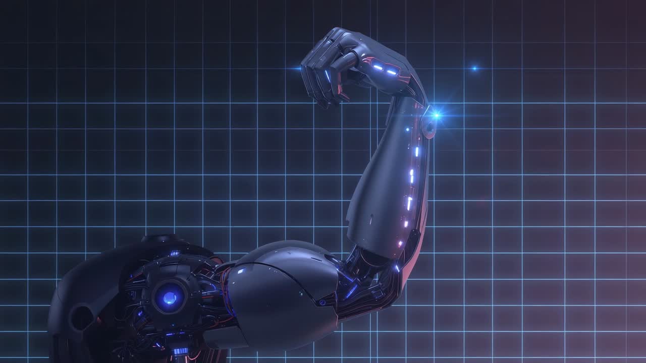 Activating robotic right arm with core demo starting with elbow node glowing on grid, pulsing LEDs