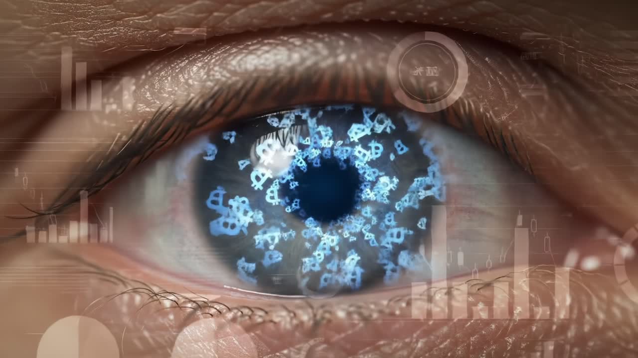 A Close-up View of an Eye Infused with Digital Symbols Representing Technology, Data, and Cryptocurrency Trends in a Futuristic Context
