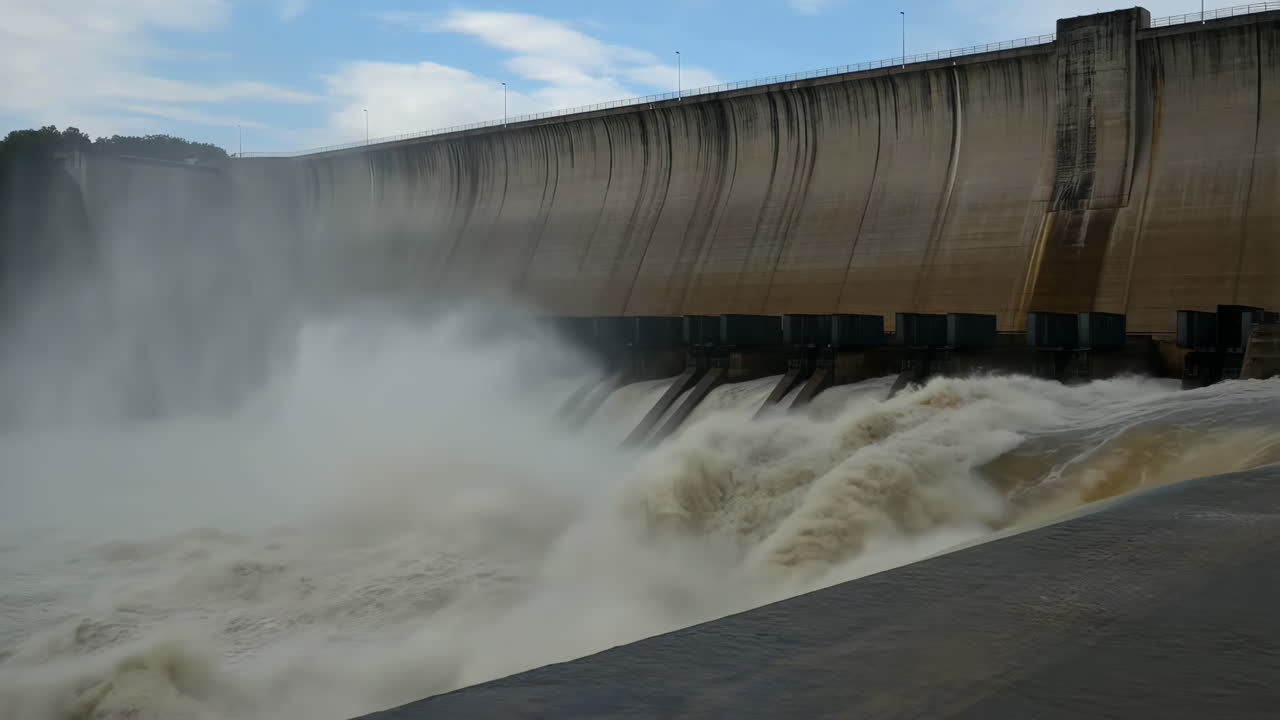 Massive Dam with Water Rushing from Spillways