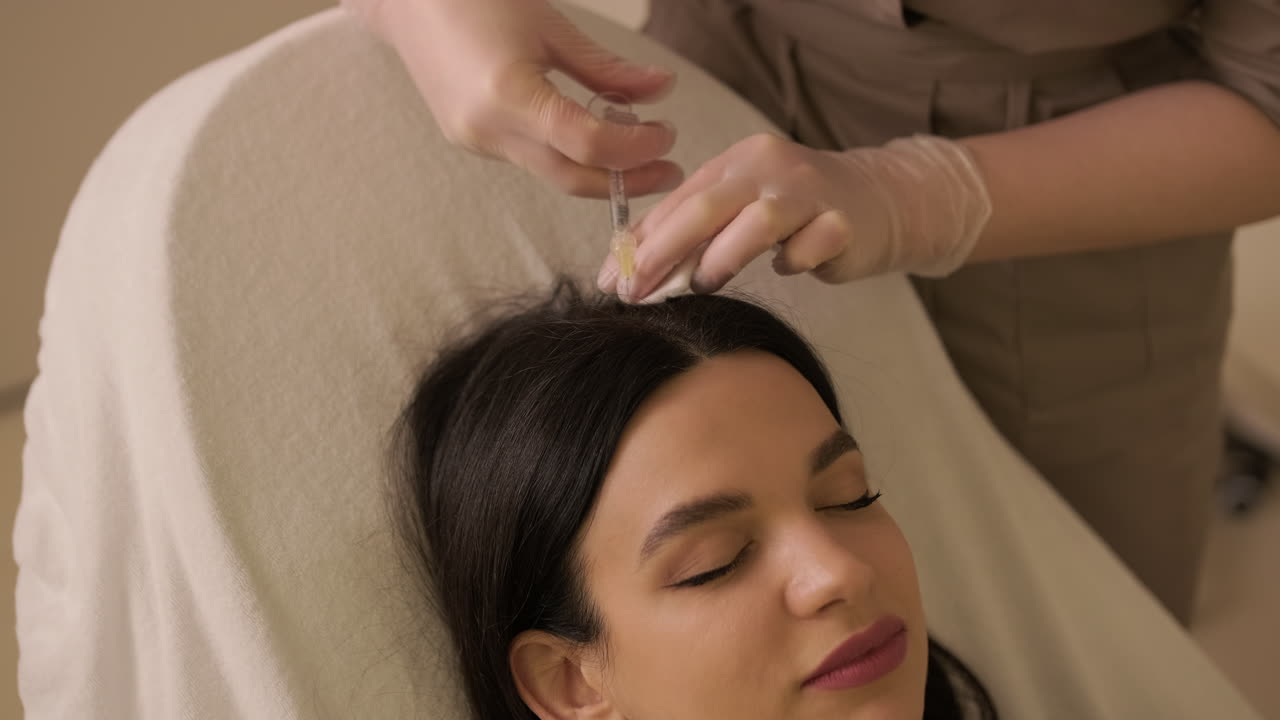 Woman Receiving Hair Mesotherapy Injection on Scalp in Clinic