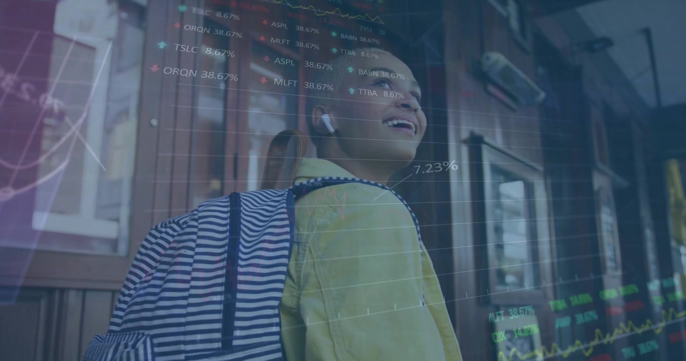 Animation of financial data processing over woman in city