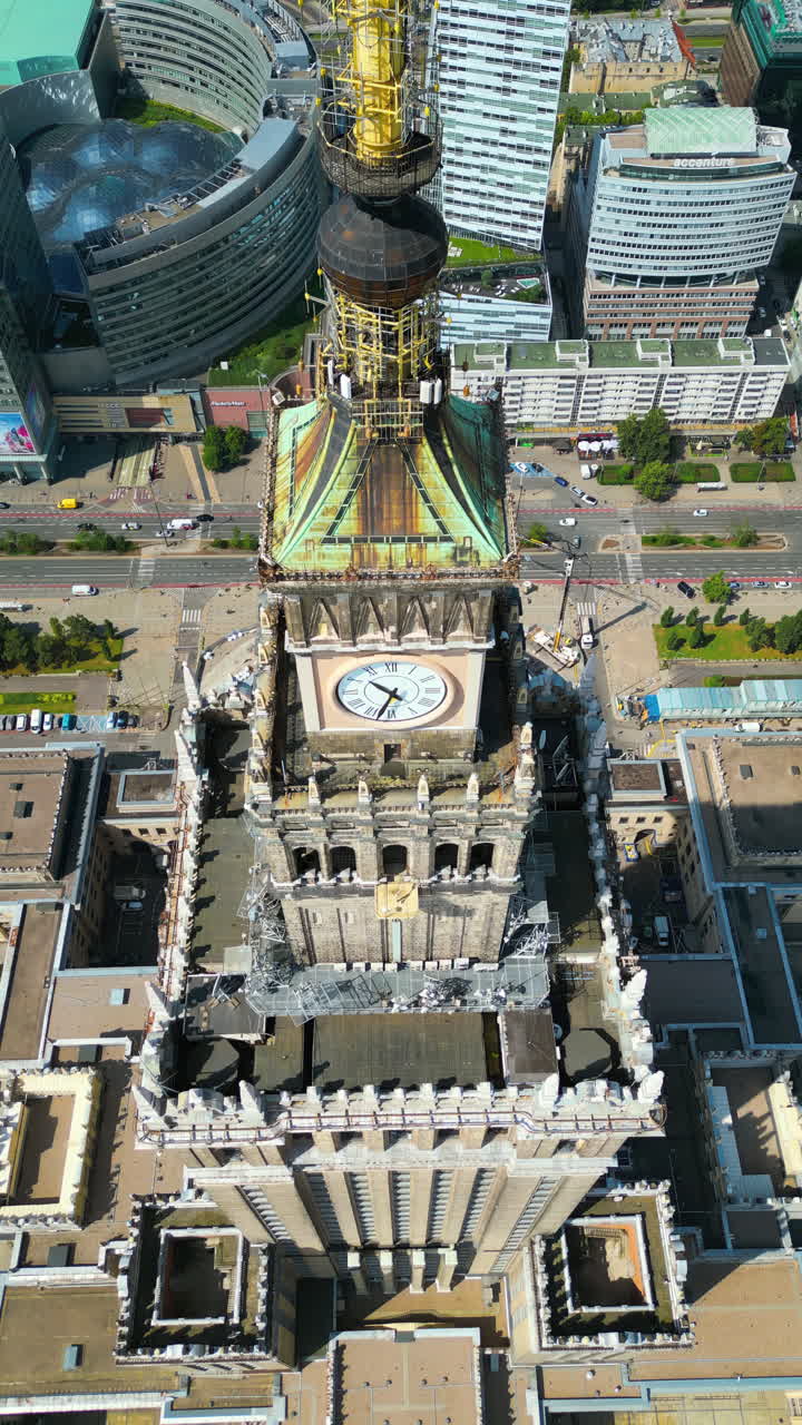Aerial drone view of Warsaw, Poland on the River Vistula in daylight. Vertical