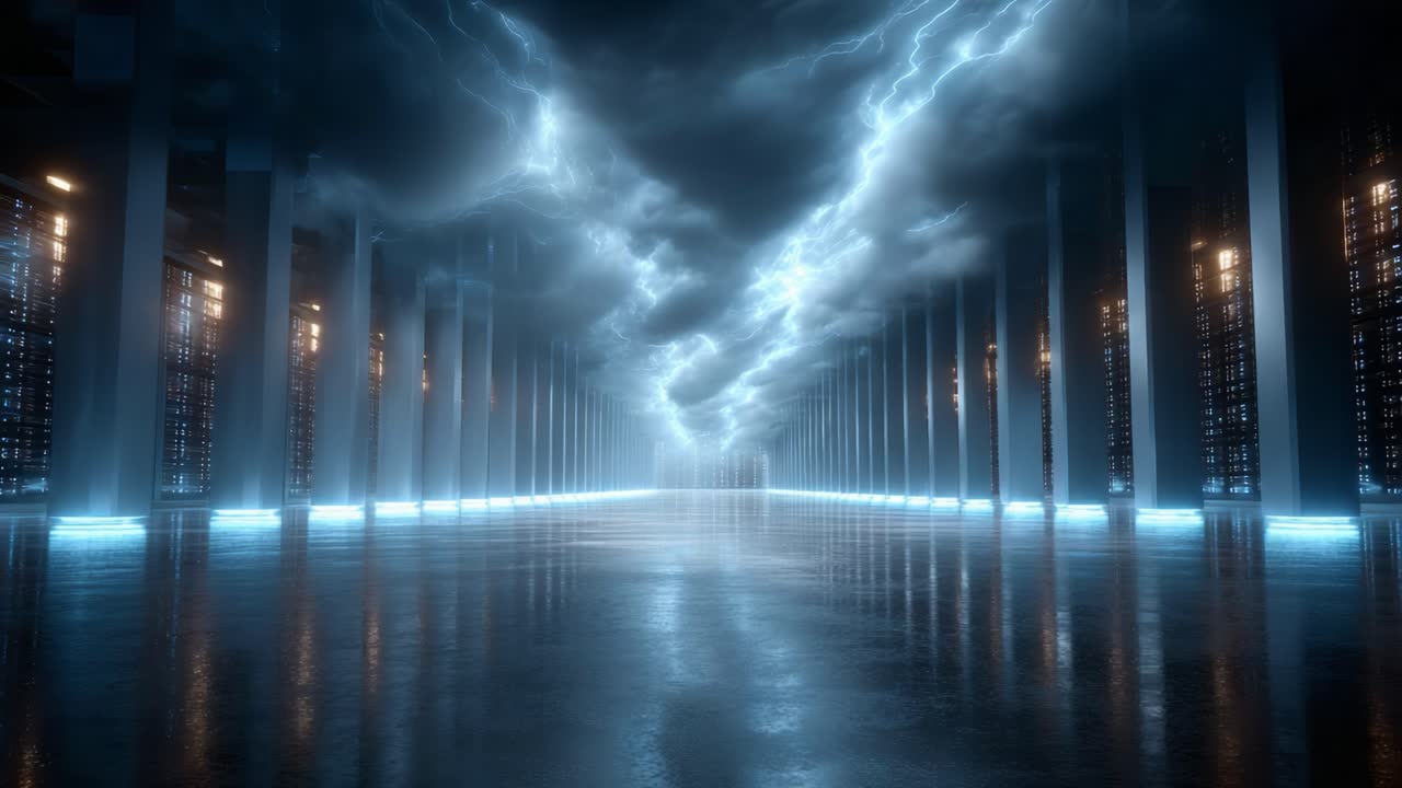 A Dramatic Display of Thunder and Light Illuminates an Enigmatic Corridor Surrounded by Glowing Pillars and Ominous Clouds in a Digital Realm