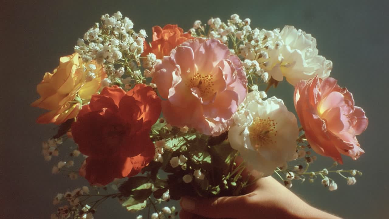 A Vibrant Bouquet of Roses and Delicate Flowers Held in Hand, Displaying Their Colorful Blooms and Lush Greenery Against a Soft Background