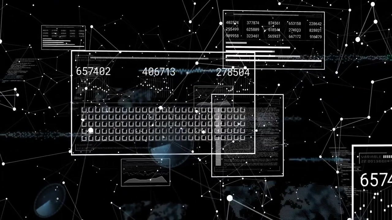 Data stream activating UI cluster, keyboard sliding while counters, charts, nodes updating for tech
