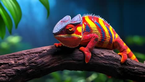 un camaleón colorido sentado en una rama de un árbol