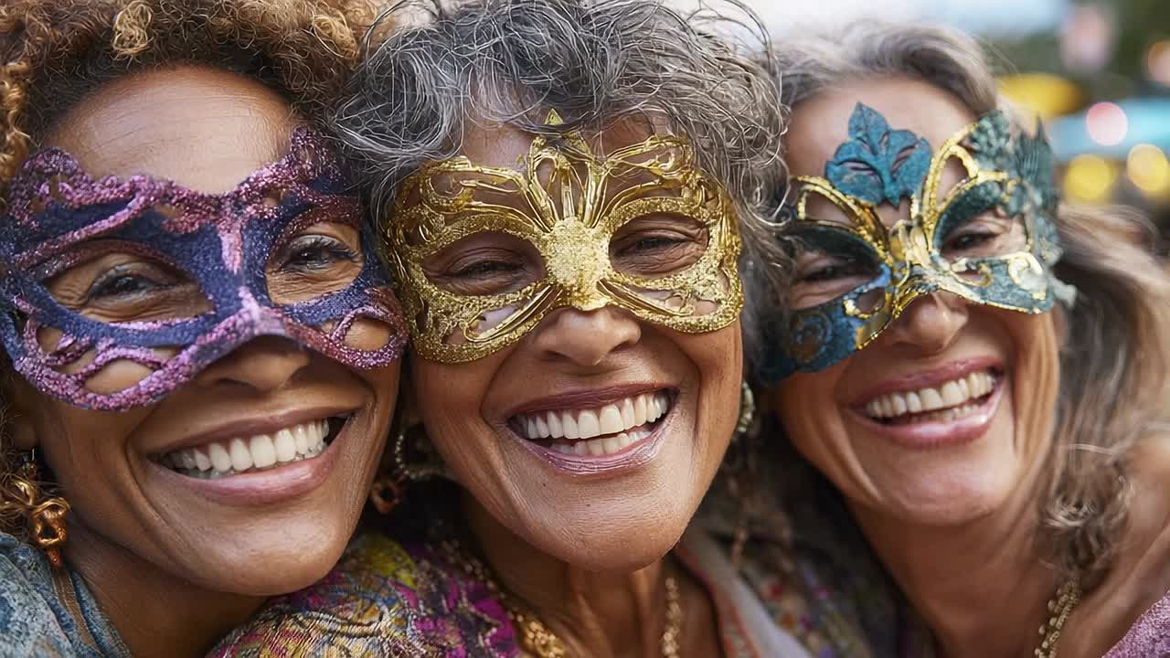 Tre donne indossano maschere colorate e sorridono durante un gioioso incontro