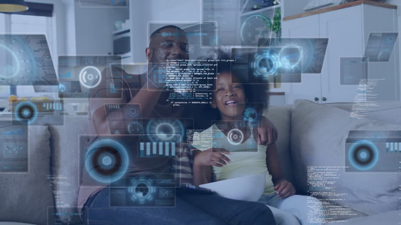 Animation of data over happy african american father and daughter watching movie at home