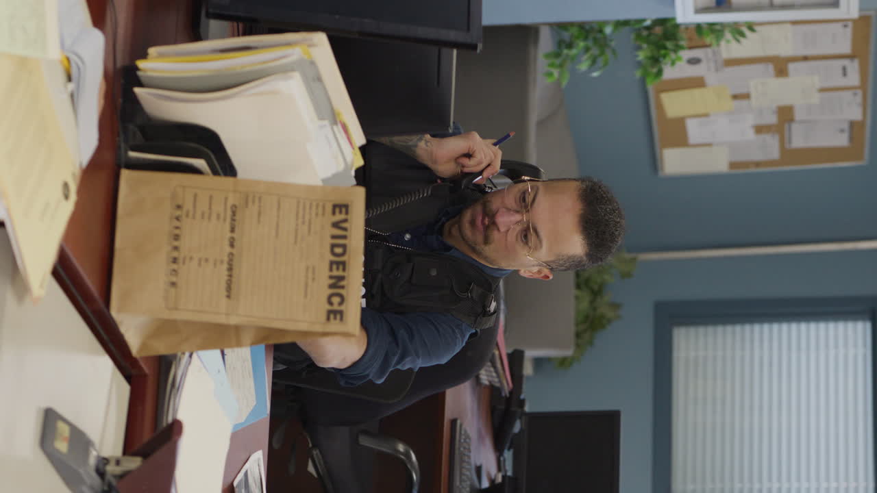 Vertical shot of a police detective officer picking up phone in precinct