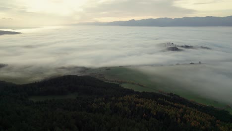 Volar-A-Través-De-La-Tienda,-Mañana-Brumosa,-Otoño,-Drone-Aéreo