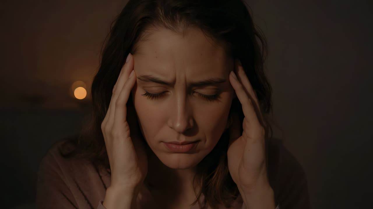Donna con tempie doloranti che cerca di alleviare il mal di testa in una camera da letto poco illuminata, con indosso un maglione rosa pallido e una candela accesa