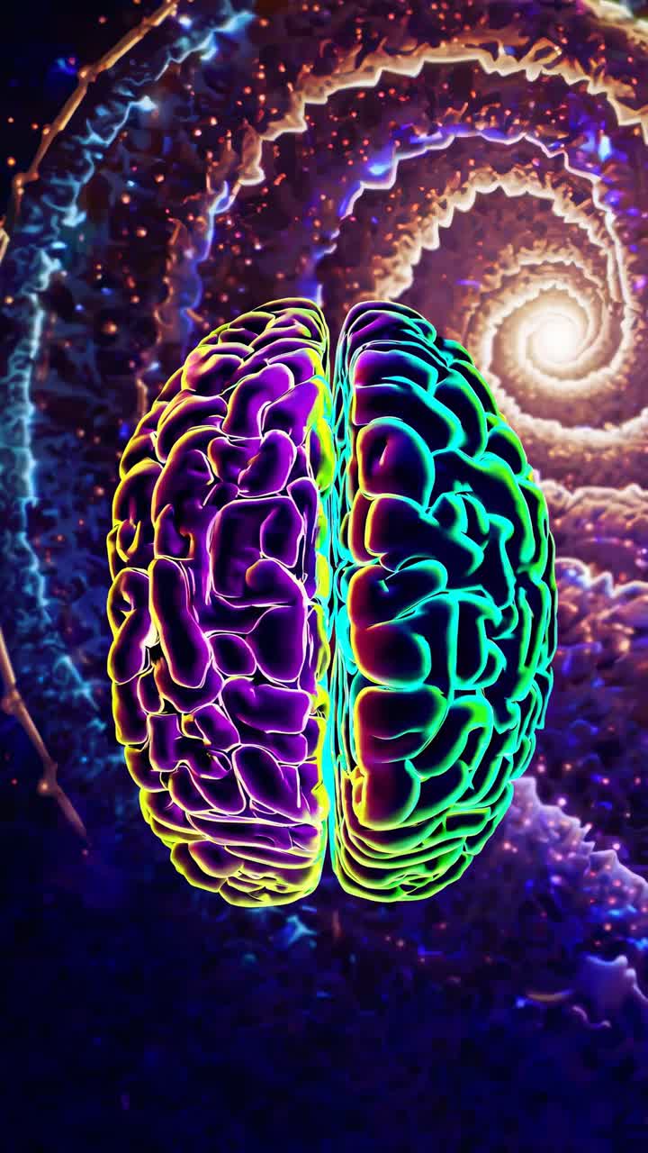 Concetto video surreale di un cervello luminoso in una galassia a spirale, ripreso da un'angolazione bassa