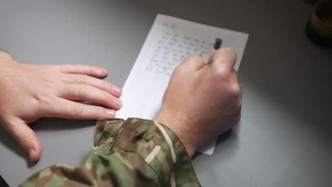 an unrecognizable army soldier marine writing a letter home on a table with paper and pen in combats camouflage uniform